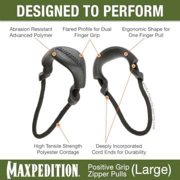 MAXPEDITION Positive Grip Zipper Pulls (Large, Black) Pack of 6, Zipper Pull Replacement for Tactical Backpack, EDC Pouch, Bug Out Bag & Luggage, Sling Pull Tab, PZLBLK