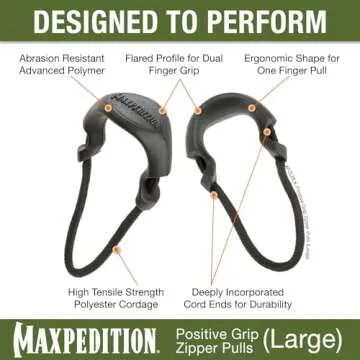 MAXPEDITION Positive Grip Zipper Pulls (Large, Black) Pack of 6, Zipper Pull Replacement for Tactical Backpack, EDC Pouch, Bug Out Bag & Luggage, Sling Pull Tab, PZLBLK