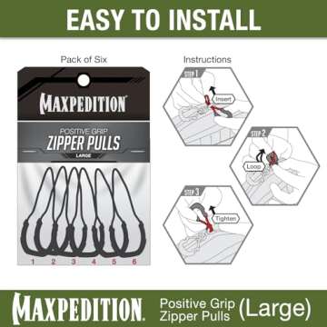 MAXPEDITION Positive Grip Zipper Pulls (Large, Black) Pack of 6, Zipper Pull Replacement for Tactical Backpack, EDC Pouch, Bug Out Bag & Luggage, Sling Pull Tab, PZLBLK