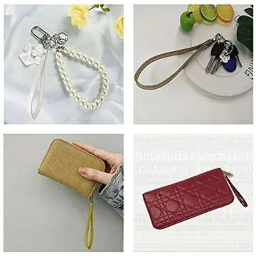 PAMIR TONG 12pcs Wristlet Strap,Faux Leather Keychain Shinny PU Leather Hand Strap with Lock for Wallet Purse Clutch Cellphone key chain holder (Silver Lock)