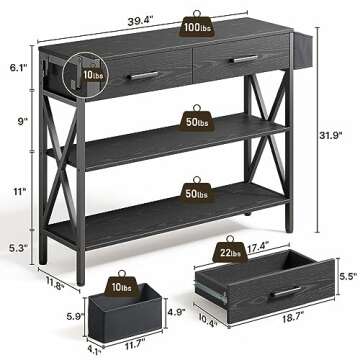 Gizoon 39" Console Table with 2 Drawers, Industrial Entryway Table with 3 Tier Storage Shelves, Narrow Sofa Table for Entry Way, Hallway, Couch, Living Room, Kitchen, Black