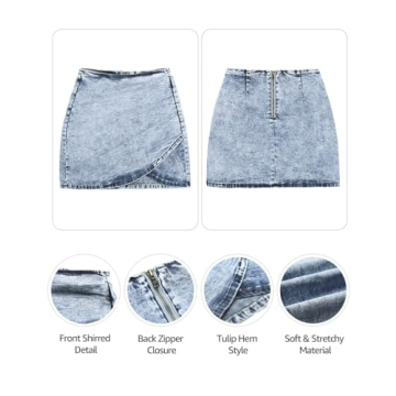 Vetinee Women's Blue Tulip Hem Denim Skirt Stretchy Shirred