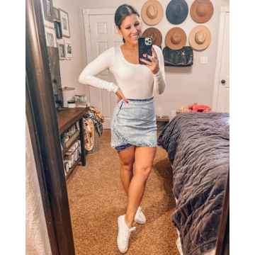 Vetinee Women's Blue Tulip Hem Denim Skirt Stretchy Shirred