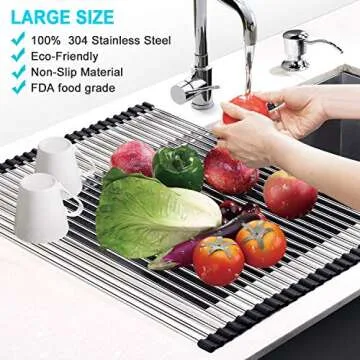 G-TING Dish Drying Rack 17.6" x 16", Over Sink Roll Up Large Dish Drainers Rack, Multipurpose Foldable Kitchen Sink Rack Mat Stainless Steel with Silicone Rims for Dishes, Cups, Fruits Vegetables