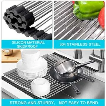 G-TING Dish Drying Rack 17.6" x 16", Over Sink Roll Up Large Dish Drainers Rack, Multipurpose Foldable Kitchen Sink Rack Mat Stainless Steel with Silicone Rims for Dishes, Cups, Fruits Vegetables