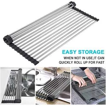 G-TING Dish Drying Rack 17.6" x 16", Over Sink Roll Up Large Dish Drainers Rack, Multipurpose Foldable Kitchen Sink Rack Mat Stainless Steel with Silicone Rims for Dishes, Cups, Fruits Vegetables