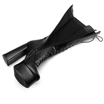 Perisis Women's High Chunky Heel Platform Knee High Boots Fashion Black Leather Lace Up Heeled Long Boots Wide Calf(black pu,6)