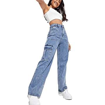 SweatyRocks Women's High Waist Cargo Jeans Flap Pocket Wide Leg Denim Pants Blue M