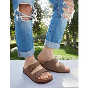 ODOLY Women's Cork Footbed Slide Sandal, Comfortable Summer Beach Sandals with Adjustable Buckle, Br...