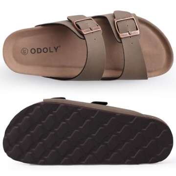 ODOLY Women's Cork Footbed Slide Sandal, Comfortable Summer Beach Sandals with Adjustable Buckle, Brown Size 9
