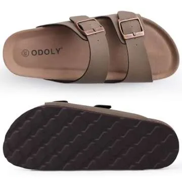 ODOLY Women's Cork Footbed Slide Sandal, Comfortable Summer Beach Sandals with Adjustable Buckle, Brown Size 9