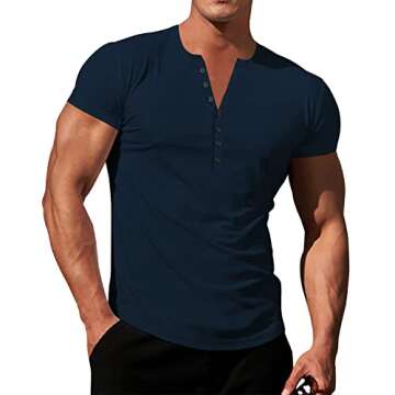 LOGEEYAR Mens Knit Stretch Henley Shirt Workout Slim Fit Short Sleeve Tees Athletic Muscle Casual T-Shirt Navy