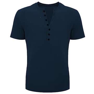 LOGEEYAR Mens Knit Stretch Henley Shirt Workout Slim Fit Short Sleeve Tees Athletic Muscle Casual T-Shirt Navy