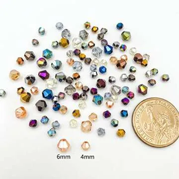 JEBBO 900pcs 6mm Bicone Crystal Beads, Bulk Small Faceted Bicone Glass Beads for Jewelry Making DIY Craft Bracelet Necklace Earring with Container Box (15 Metallic AB Colors)