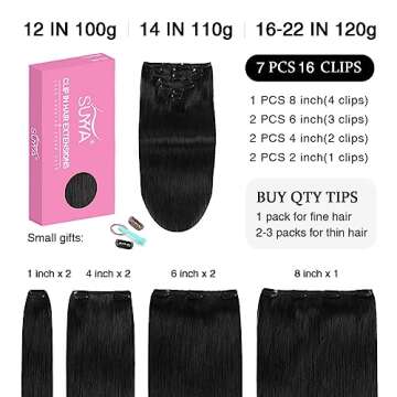 SUYYA Clip in Hair Extensions Real Human Hair, 16 inch 120g Jet Black Clip in Hair Extensions Human ...