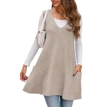 Saodimallsu Womens Sleeveless Sweater Vest V Neck Loose Knit Casual A Line Flattering Tunic Top with Pockets Khaki