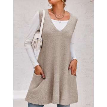 Saodimallsu Womens Sleeveless Sweater Vest V Neck Loose Knit Casual A Line Flattering Tunic Top with Pockets Khaki