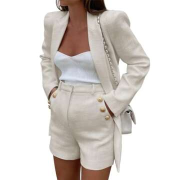 Cicy Bell Womens 2 Piece Tweed Blazer Shorts Sets Long Sleeve Double Breasted Suit Jackets Business ...
