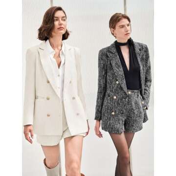 Cicy Bell Womens 2 Piece Tweed Blazer Shorts Sets Long Sleeve Double Breasted Suit Jackets Business Outfit Beige