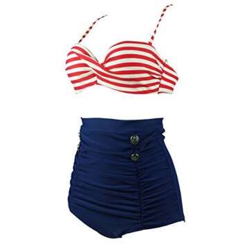 COCOSHIP Red Beige White Stripe & Navy Blue High Waisted Bikini Buttons Vintage Bathing Suit Ruched Swimwear XL(US10)
