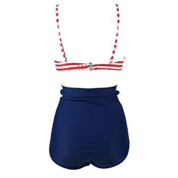 COCOSHIP Red Beige White Stripe & Navy Blue High Waisted Bikini Buttons Vintage Bathing Suit Ruched Swimwear XL(US10)