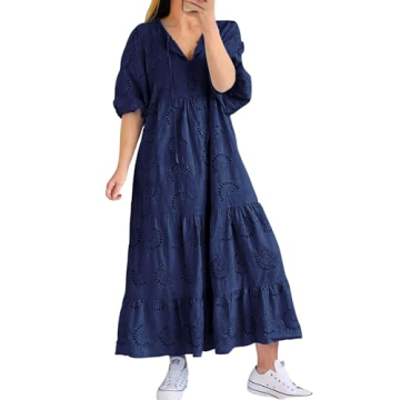 chouyatou Women's Summer Loose Floral Lace Eyelet Dress Boho Casual Notch Neck Maxi Tunic Beach Dres...