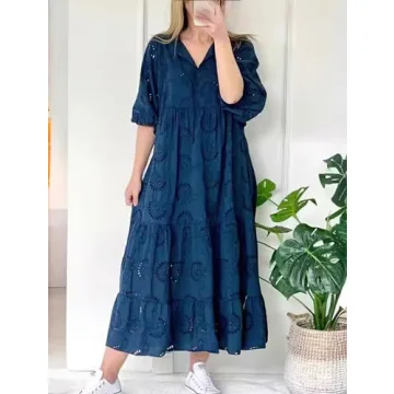 chouyatou Women's Summer Loose Floral Lace Eyelet Dress Boho Casual Notch Neck Maxi Tunic Beach Dress (Large, Navy Blue)