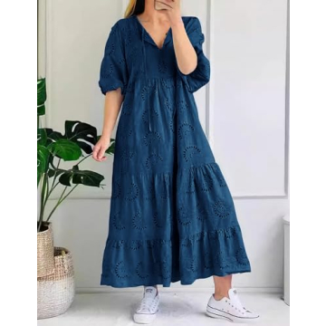 chouyatou Women's Summer Loose Floral Lace Eyelet Dress Boho Casual Notch Neck Maxi Tunic Beach Dress (Large, Navy Blue)