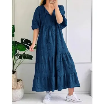 chouyatou Women's Summer Loose Floral Lace Eyelet Dress Boho Casual Notch Neck Maxi Tunic Beach Dress (Large, Navy Blue)