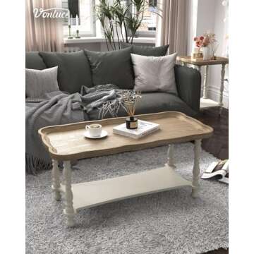 VONLUCE French Country Farmhouse Coffee Table,40'' Farmhouse Rustic Unfinished Wood Tray Top Vintage Coffee Table for Living Room Dining Room Bedroom Beige