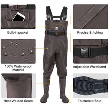 TIDEWE Bootfoot Chest Wader, 2-Ply Nylon/PVC Waterproof Fishing & Hunting Waders with Boot Hanger for Men and Women Brown Size 11