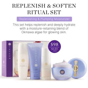 Tatcha Replenish & Soften Ritual Set, Amazon Holiday Exclusive, Dewy Skin Cream, The Rice Wash, The Camellia Cleansing Oil + The Essence