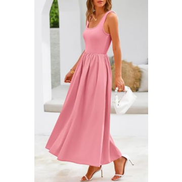 Potany Women's 2024 Summer Maxi Dress Casual Sleeveless Square Neck Flowy Long Beach Elegant Tank Sundresses with Pockets