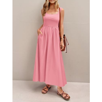 Potany Women's 2024 Summer Maxi Dress Casual Sleeveless Square Neck Flowy Long Beach Elegant Tank Sundresses with Pockets