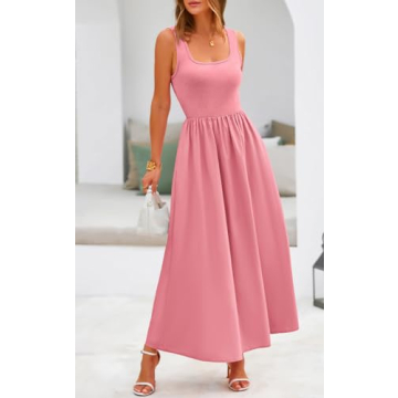 Potany Women's 2024 Summer Maxi Dress Casual Sleeveless Square Neck Flowy Long Beach Elegant Tank Sundresses with Pockets