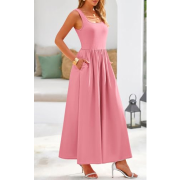 Potany Women's 2024 Summer Maxi Dress Casual Sleeveless Square Neck Flowy Long Beach Elegant Tank Sundresses with Pockets