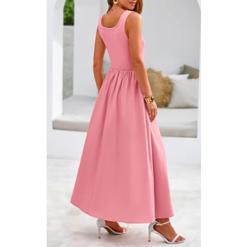 Potany Women's 2024 Summer Maxi Dress Casual Sleeveless Square Neck Flowy Long Beach Elegant Tank Sundresses with Pockets