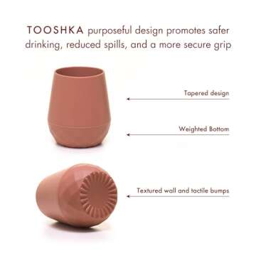 Tooshka Baby Utensil Set (3 pcs) - Self Feeding Spoons and Tiny Cup - Silicone & BPA Free - Baby-Led Weaning (BLW) Supplies - Ages 6+ Months - Brown Baby Cup & Utensils