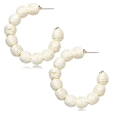 Rattan Earrings Statement Rattan Hoop Earrings for Women Woven Bohemian Earrings Handmade Straw Wick...