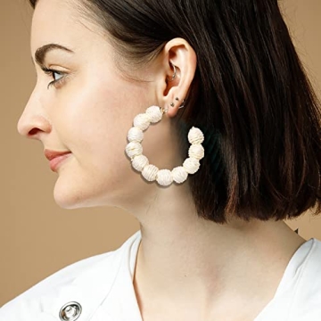 Rattan Earrings Statement Rattan Hoop Earrings for Women Woven Bohemian Earrings Handmade Straw Wicker Braid Big Drop Dangle Earrings for Women Summer Beach Jewelry (beige)