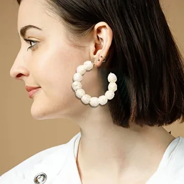 Rattan Earrings Statement Rattan Hoop Earrings for Women Woven Bohemian Earrings Handmade Straw Wicker Braid Big Drop Dangle Earrings for Women Summer Beach Jewelry (beige)