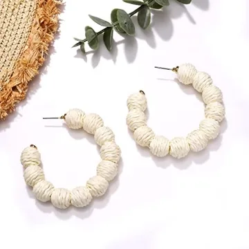 Rattan Earrings Statement Rattan Hoop Earrings for Women Woven Bohemian Earrings Handmade Straw Wicker Braid Big Drop Dangle Earrings for Women Summer Beach Jewelry (beige)
