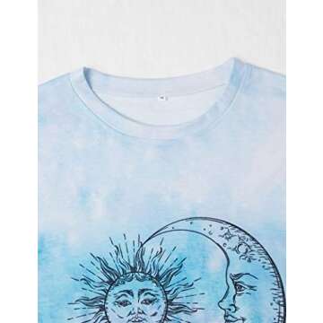 Trendy Remidoo Women's Short Sleeve Sun and Moon Print Tie Dye T-Shirt in Blue