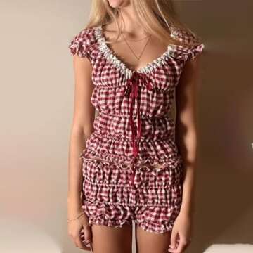 Mxiqqpltky 2 Piece Skirt Sets for Women Ruffle Short Sleeve Tie Up Crop Top & Elastic Waist Pleated Mini Skirt Set Y2K Outfit (Pant Red, S)