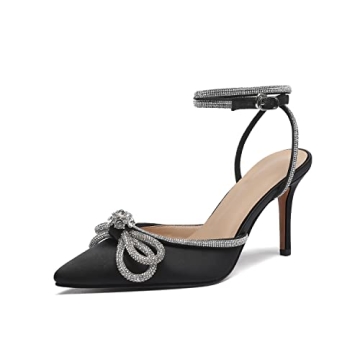 Vertundy Women's Lace up High Heeled Sandals Ankle Buckle Strap Rhinestone Bowknot Stilettos Satin Pointy Pumps