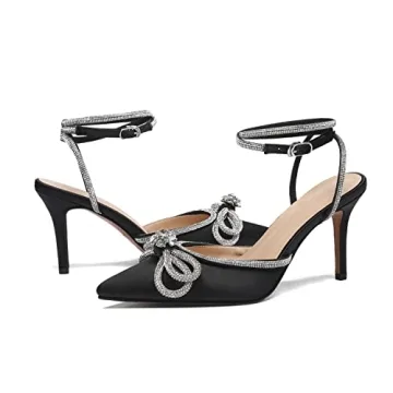 Vertundy Women's Lace up High Heeled Sandals Ankle Buckle Strap Rhinestone Bowknot Stilettos Satin Pointy Pumps