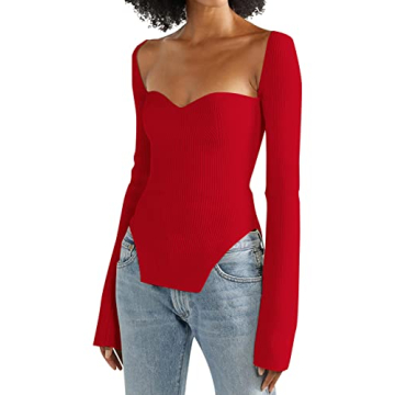 MISSACTIVER Women Red Sweetheart Neck Knit Sweater