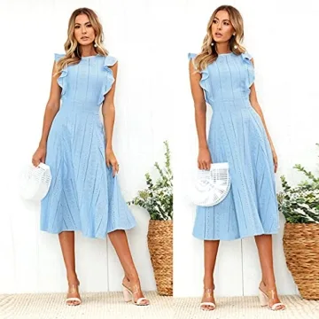 ECOWISH Women's Summer Dresses 2025 Elegant Lady Wedding Guest Cocktail Ruffle Cap Sleeves A-Line Office Midi Dress