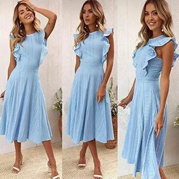 ECOWISH Women's Summer Dresses 2025 Elegant Lady Wedding Guest Cocktail Ruffle Cap Sleeves A-Line Office Midi Dress