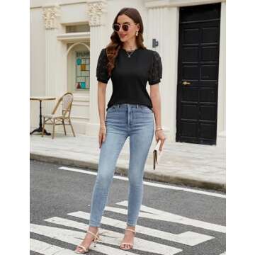 Blooming Jelly Womens Short Sleeve Blouse Business Casual Dressy Tops Ribbed Summer Stylish Work Shirts(Small, Black)